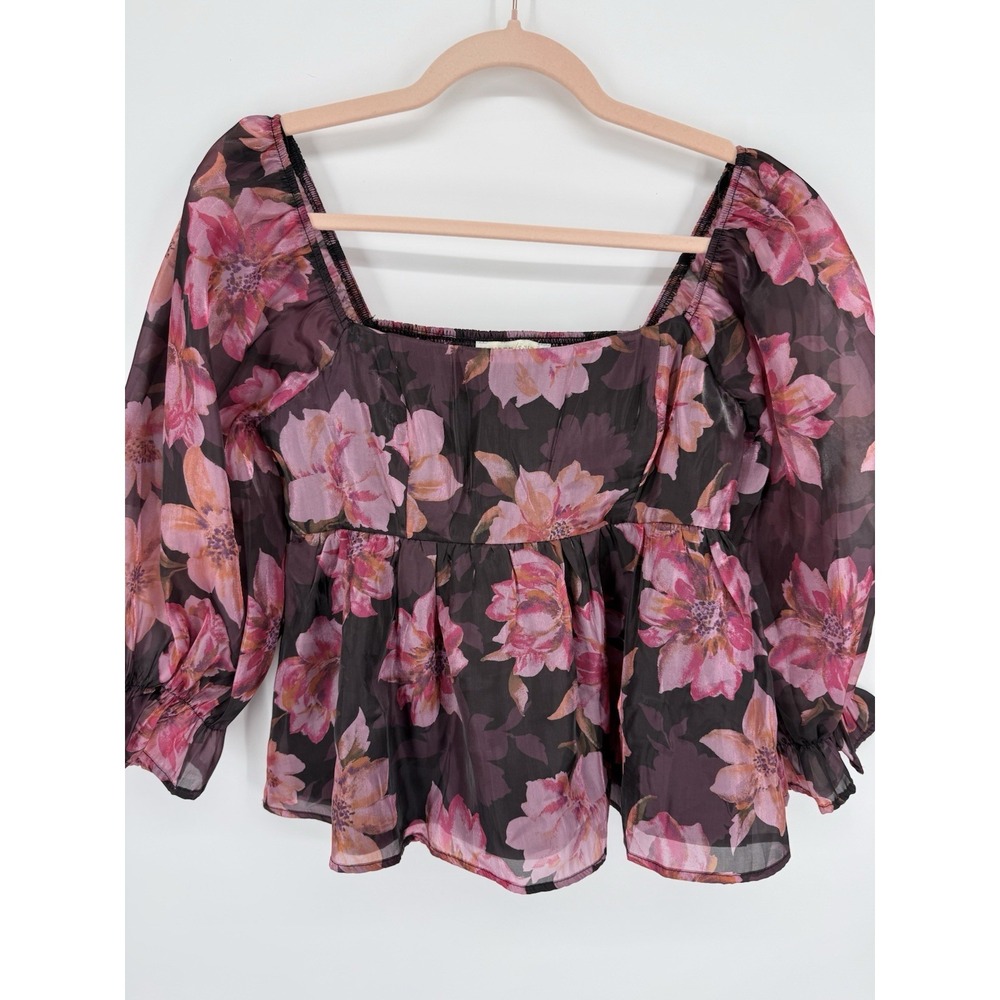 Thirty/Thirty LA Pink Plum Floral Sheer Blouse Smocked Milkmaid Cottagecore M - Picture 2 of 8